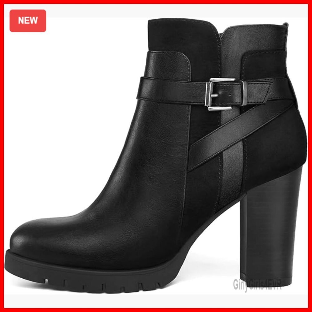 Women's Chunky Heel Ankle Boots Waterproof PU Side Zipper Wide Size Available